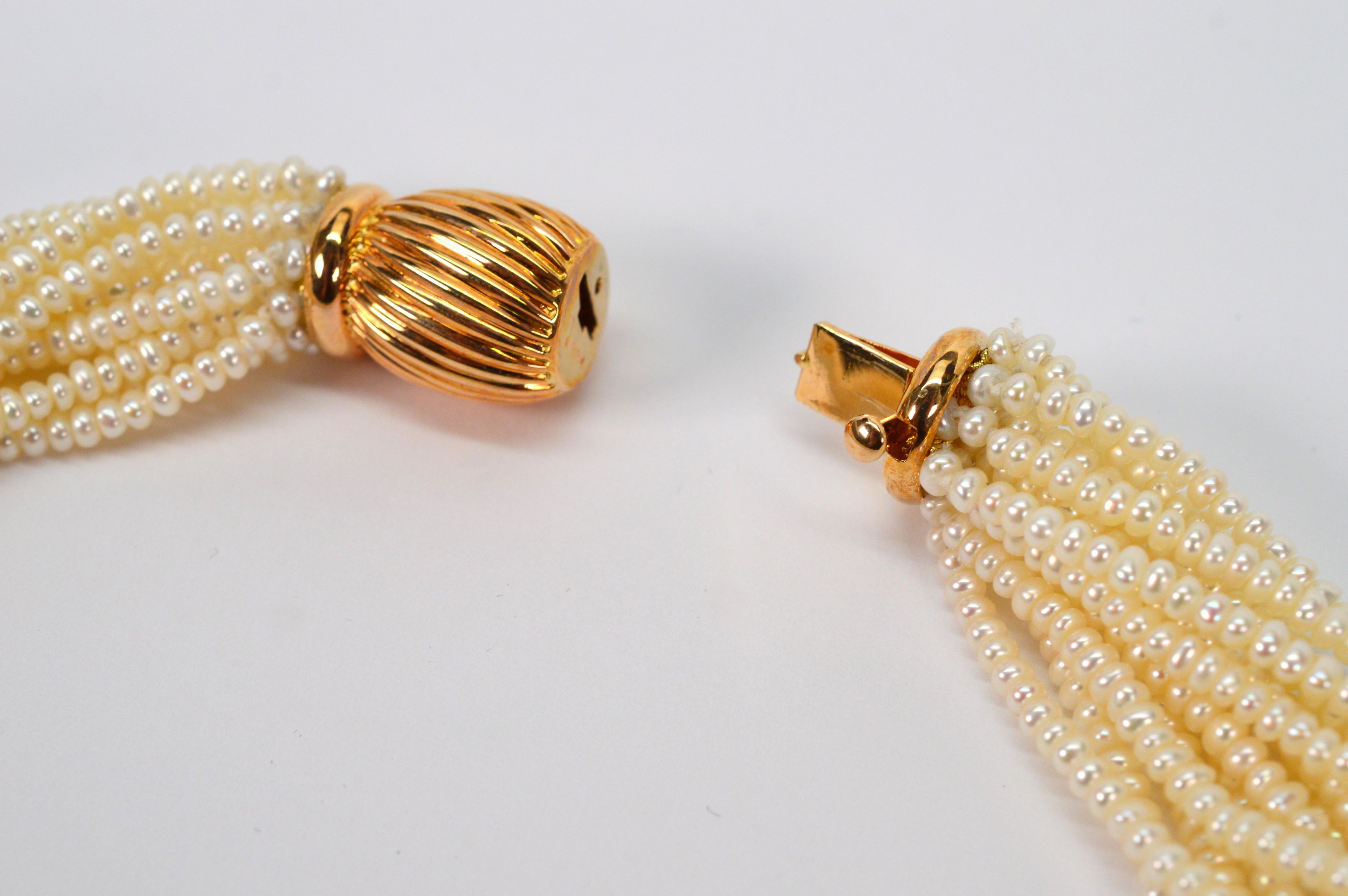 Multi Strand Pearl Twist Necklace w Decorative 14K Yellow Bow Tie Clasp For Sale 5
