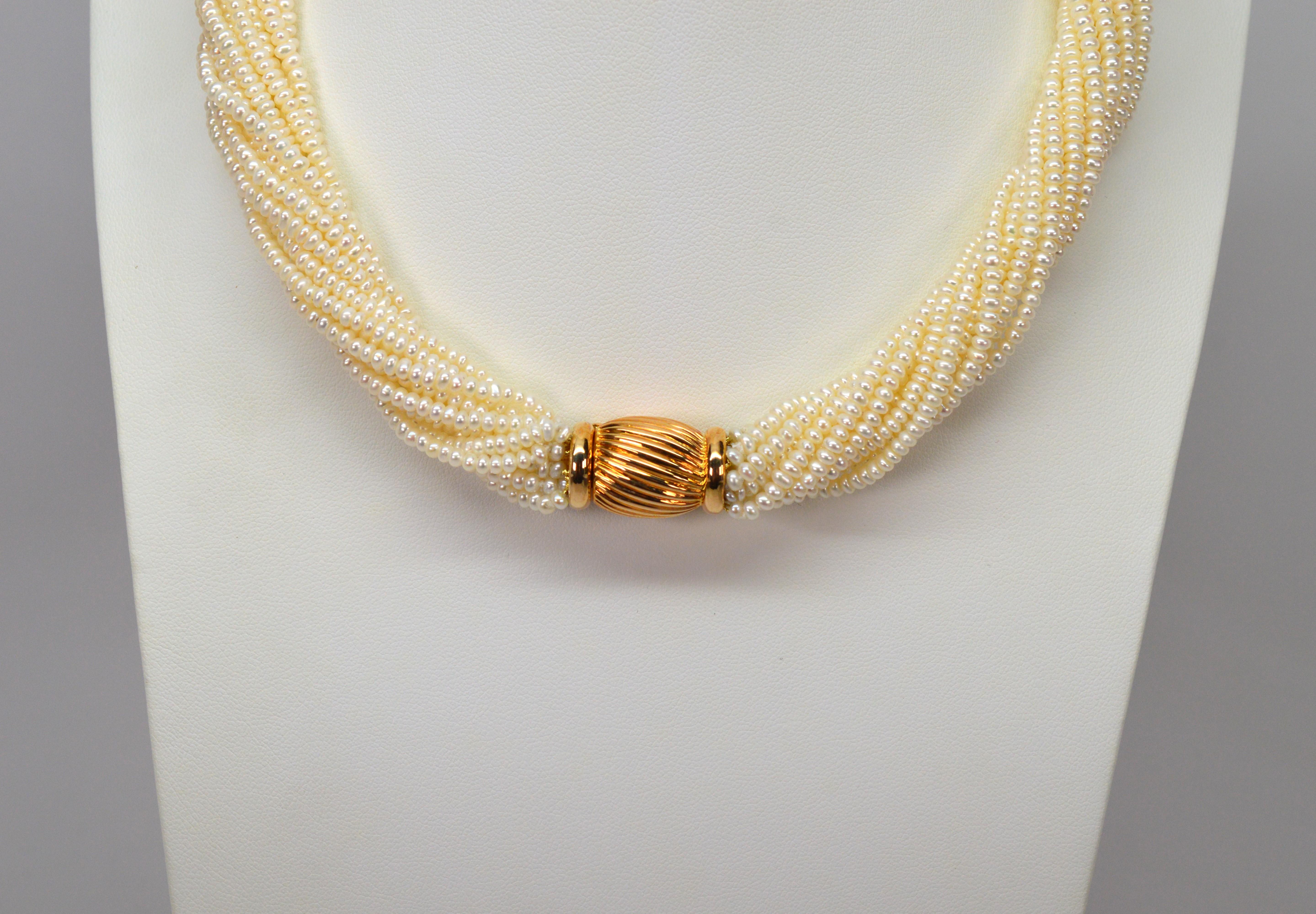 Multi Strand Pearl Twist Necklace w Decorative 14K Yellow Bow Tie Clasp For Sale 7