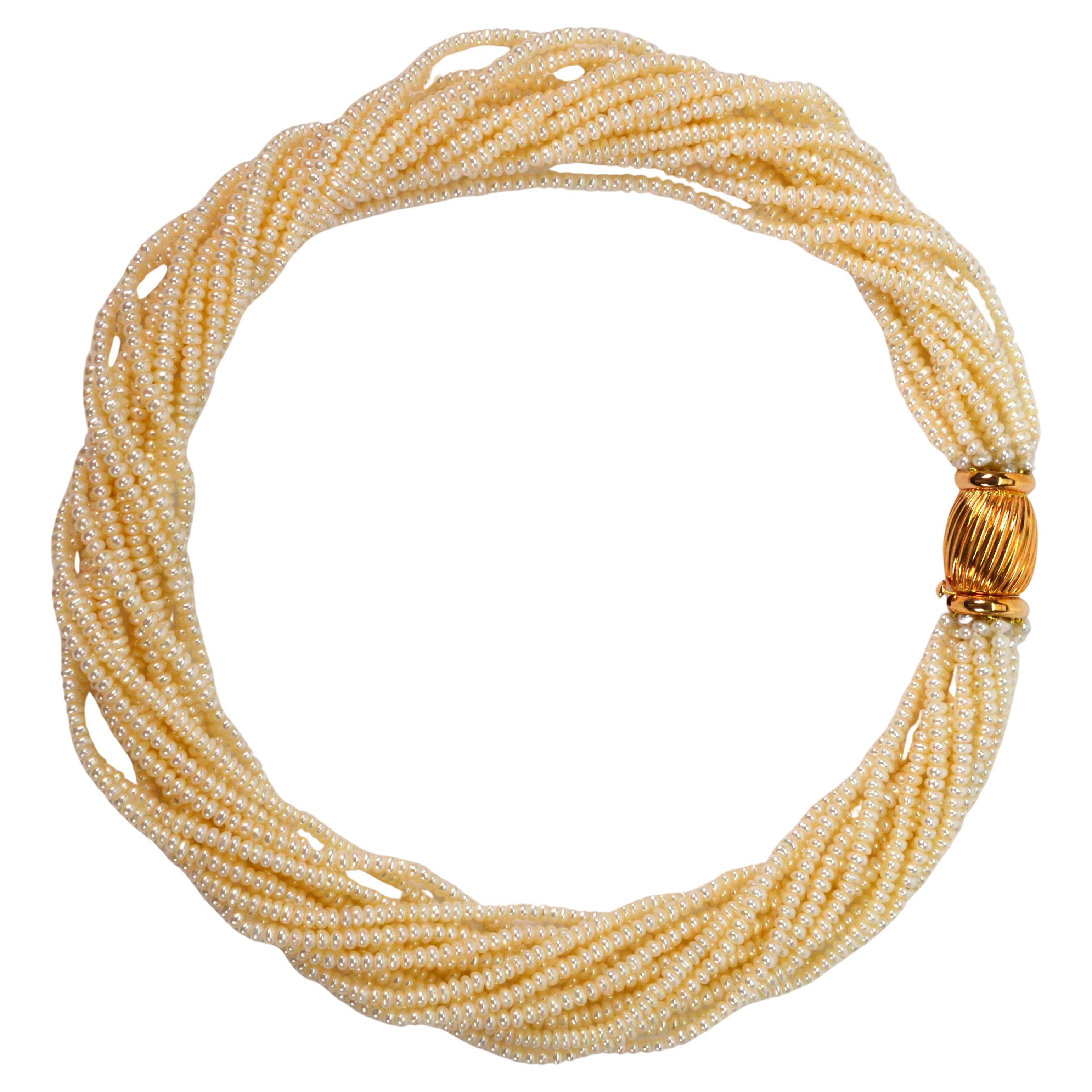 Multi Strand Pearl Twist Necklace w Decorative 14K Yellow Bow Tie Clasp For Sale 8