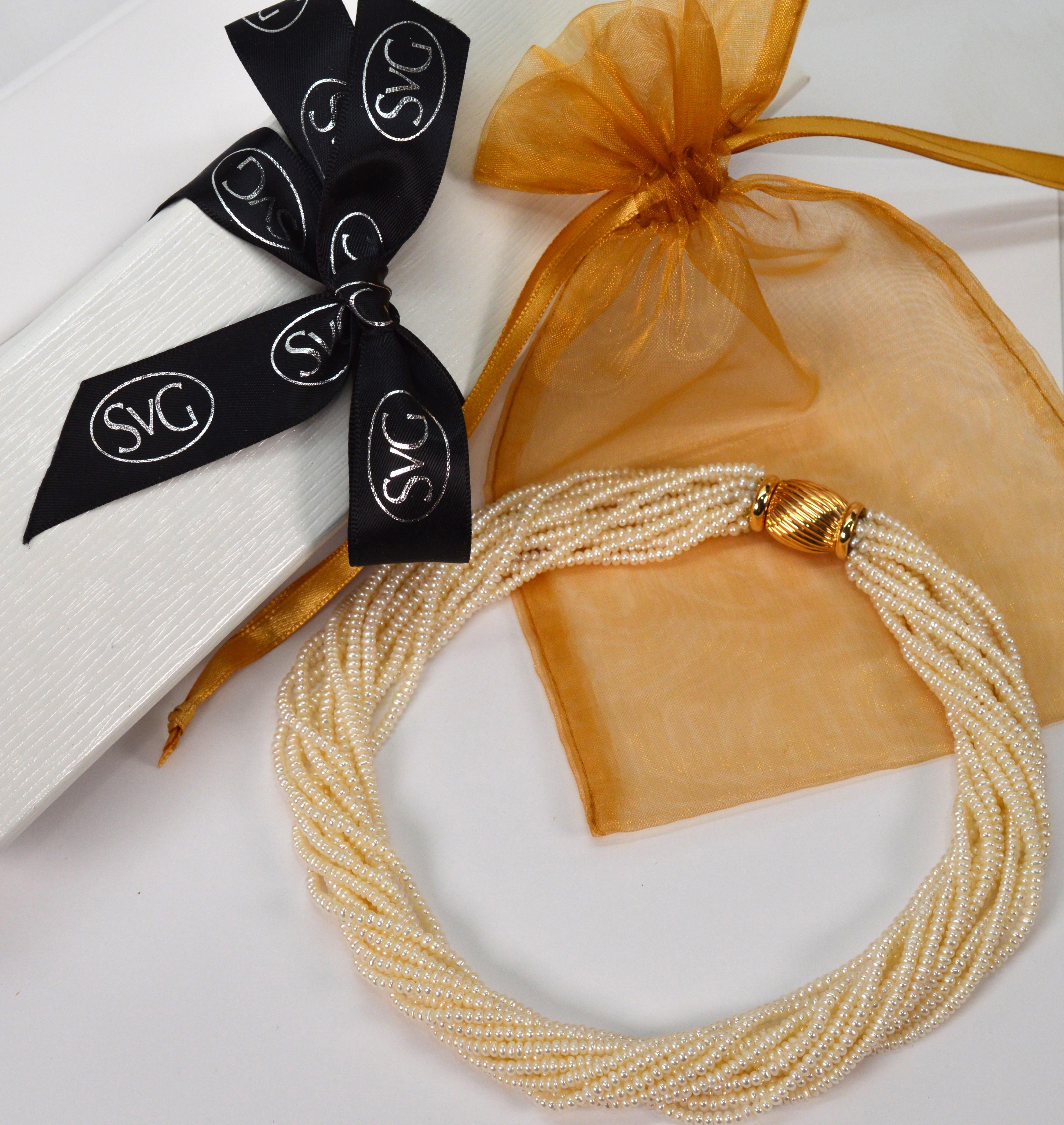 Multi Strand Pearl Twist Necklace w Decorative 14K Yellow Bow Tie Clasp For Sale 9
