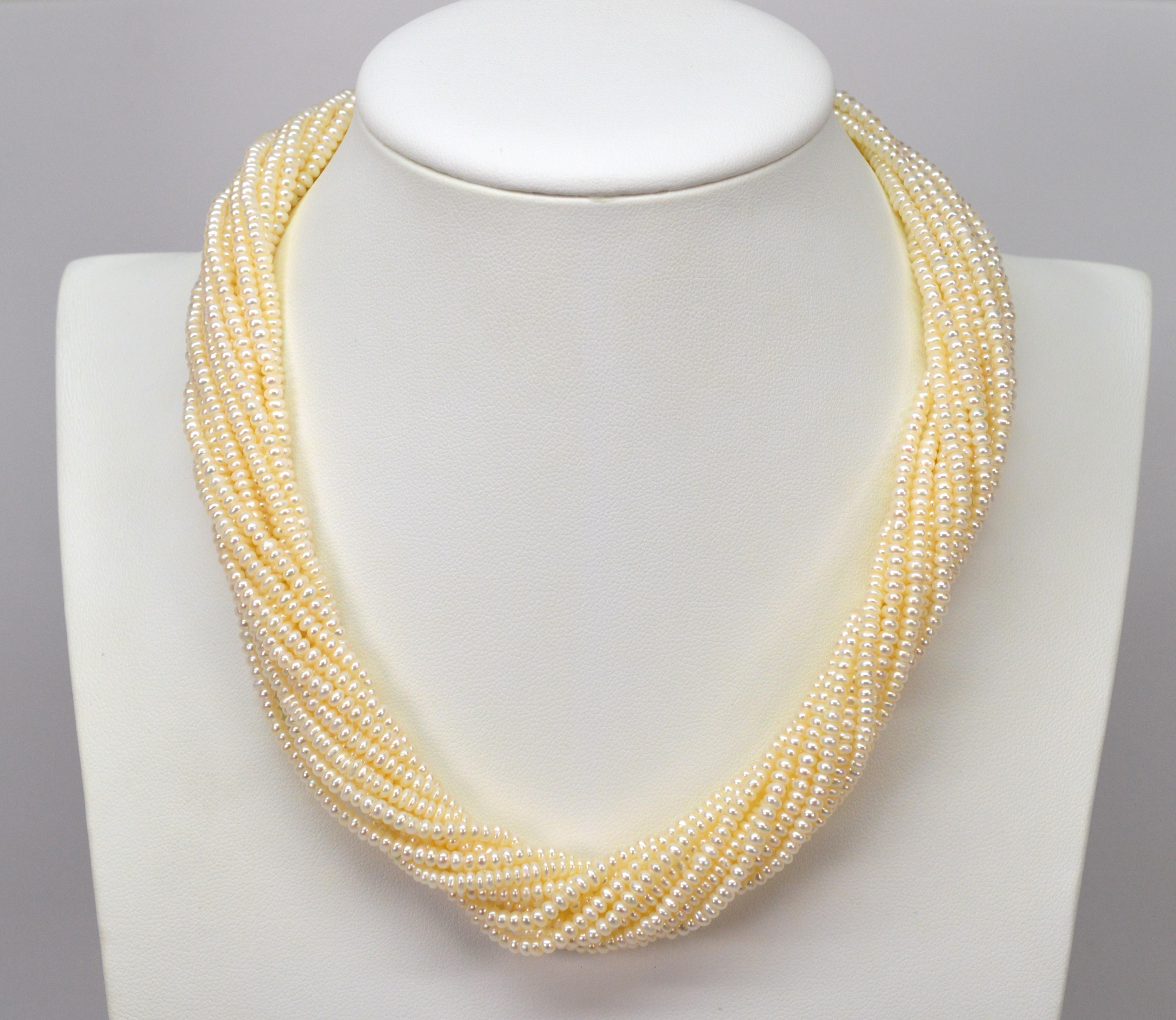 Round Cut Multi Strand Pearl Twist Necklace w Decorative 14K Yellow Bow Tie Clasp For Sale