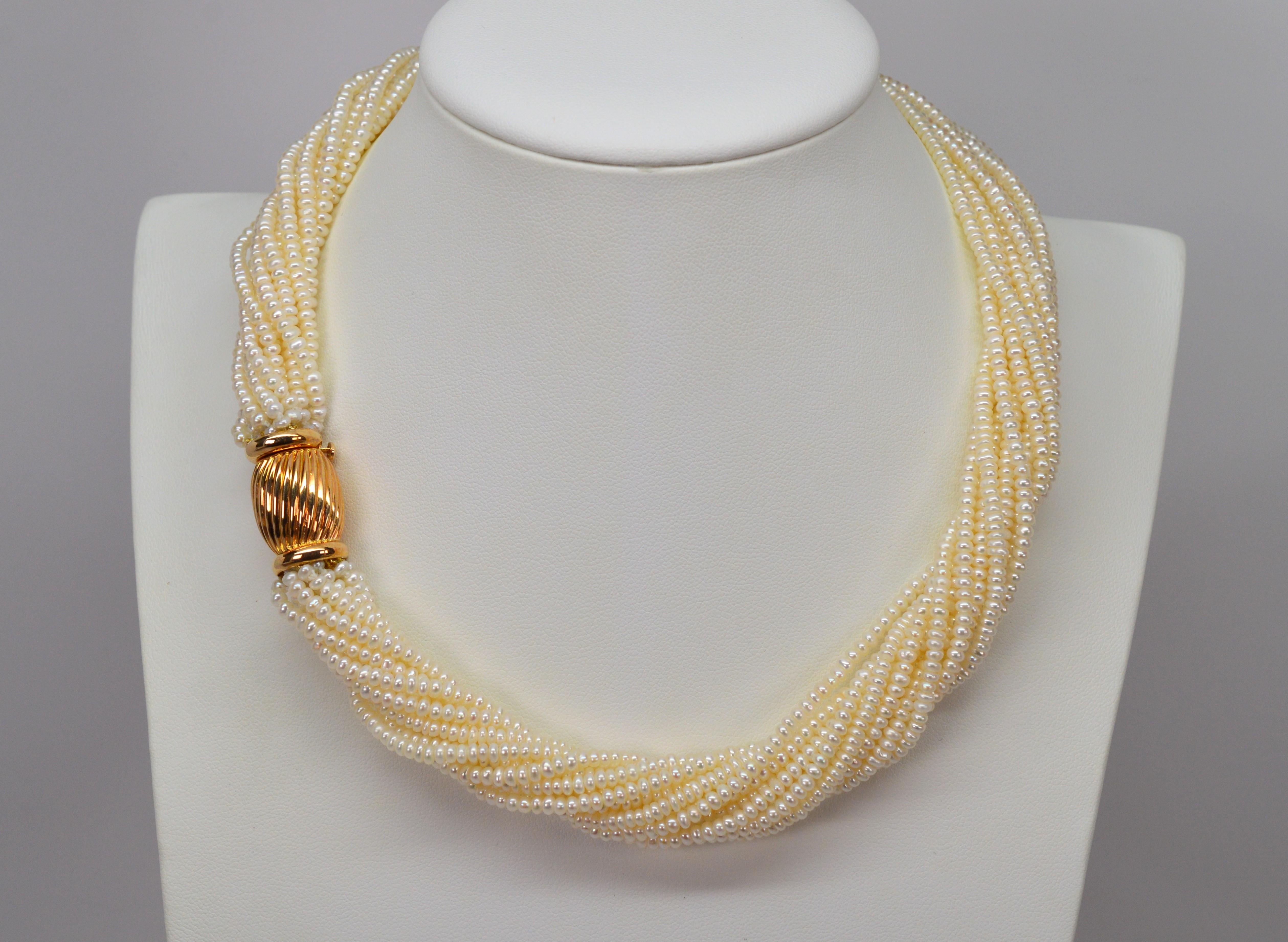 Women's Multi Strand Pearl Twist Necklace w Decorative 14K Yellow Bow Tie Clasp For Sale