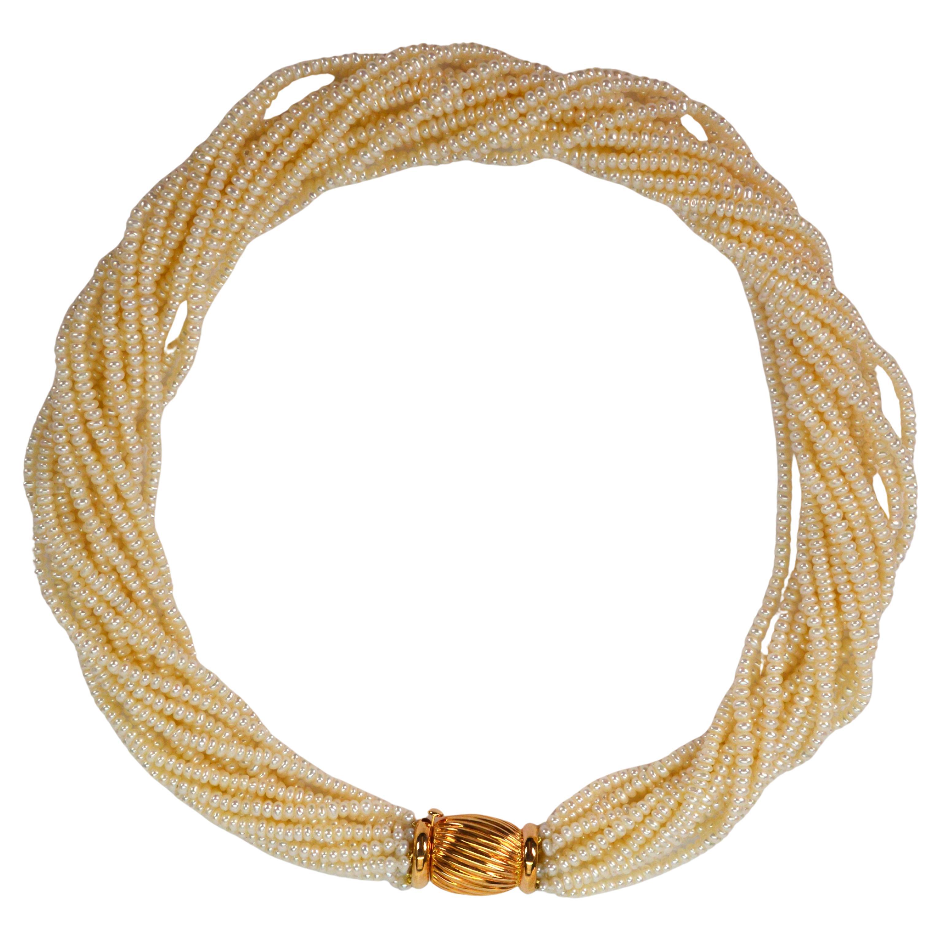 Multi Strand Pearl Twist Necklace w Decorative 14K Yellow Bow Tie Clasp For Sale 1
