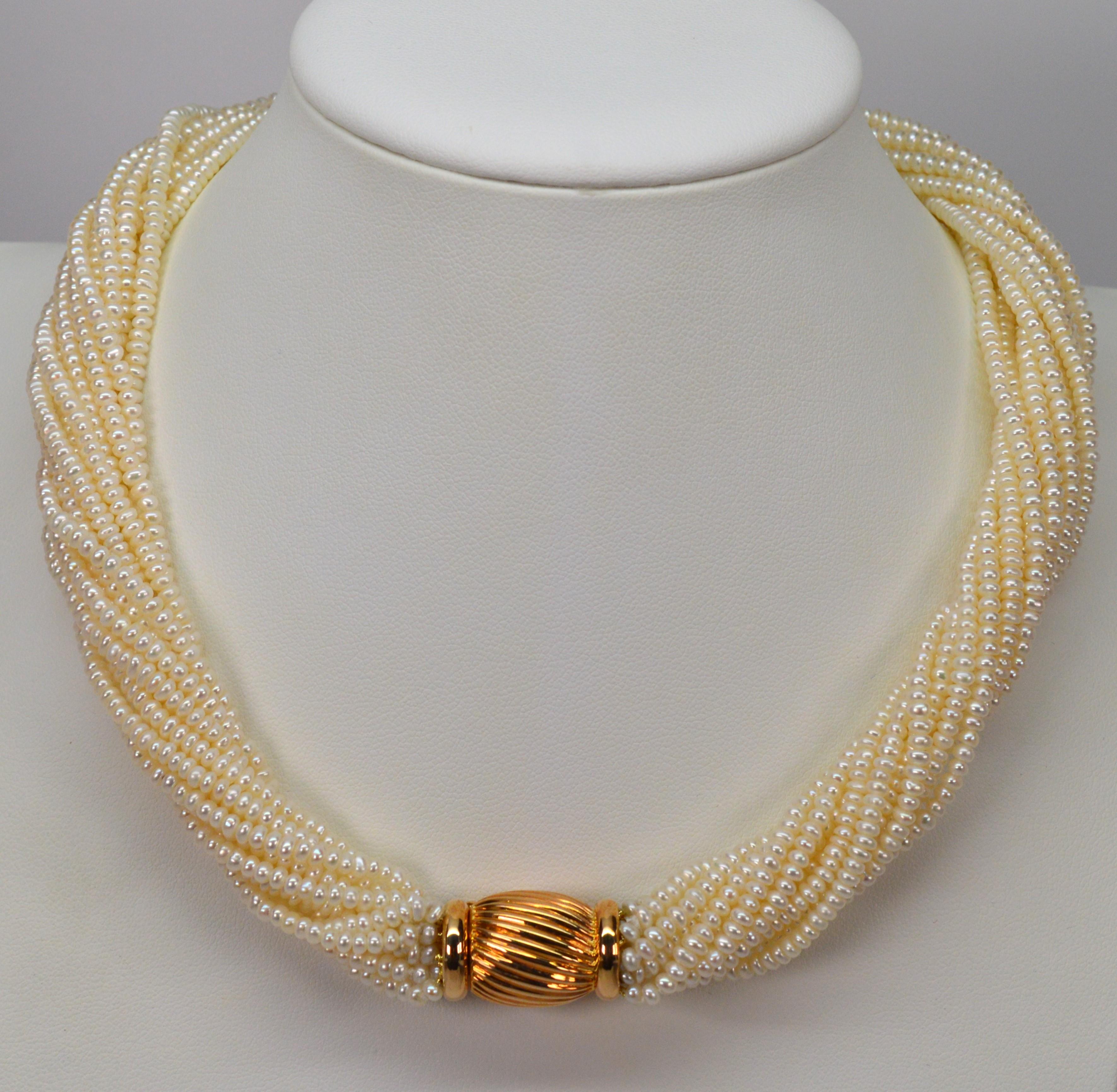 Multi Strand Pearl Twist Necklace w Decorative 14K Yellow Bow Tie Clasp For Sale 2
