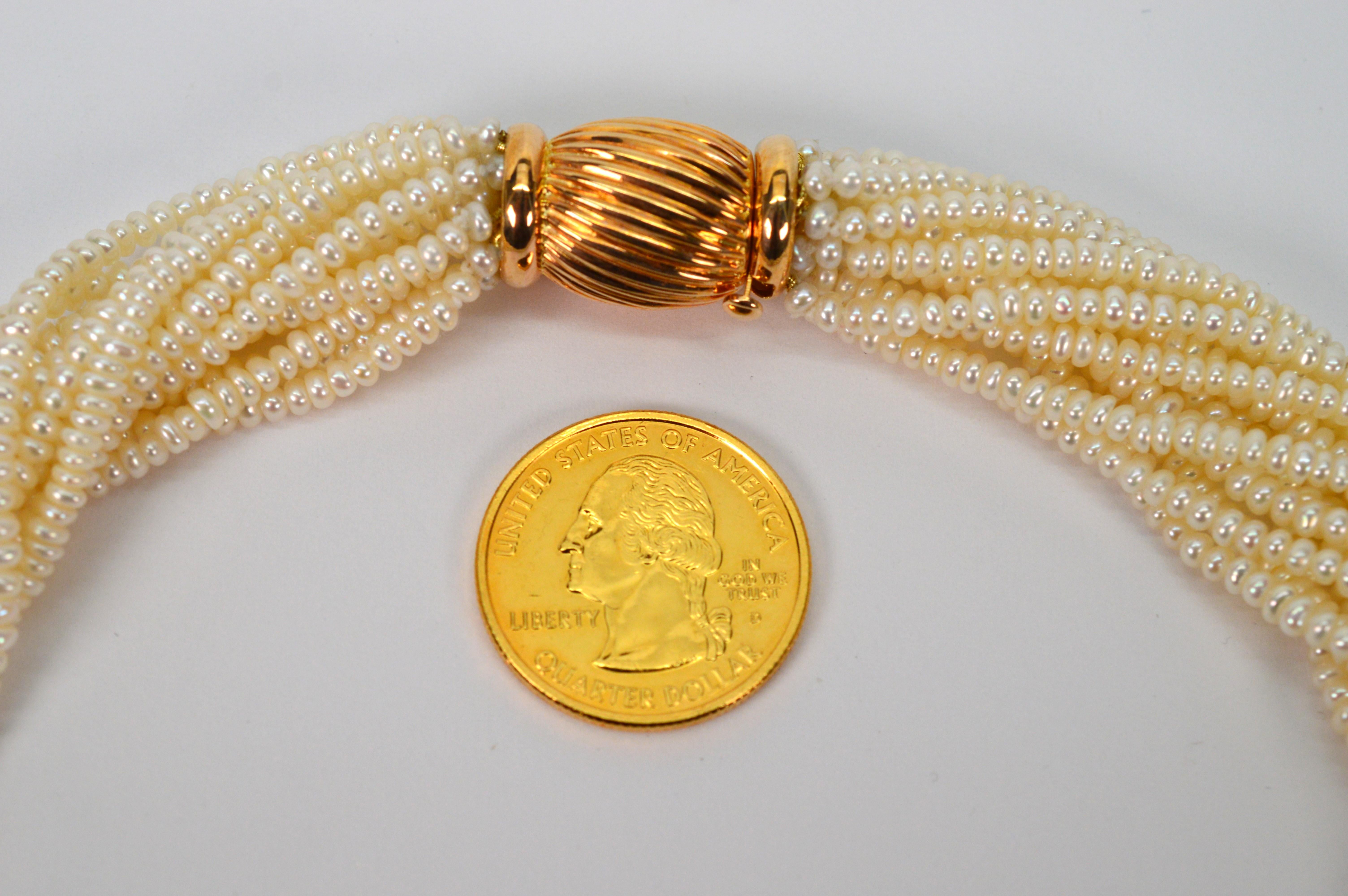 Multi Strand Pearl Twist Necklace w Decorative 14K Yellow Bow Tie Clasp For Sale 4