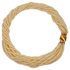 Multi Strand Pearl Twist Necklace w Decorative 14K Yellow Bow Tie Clasp