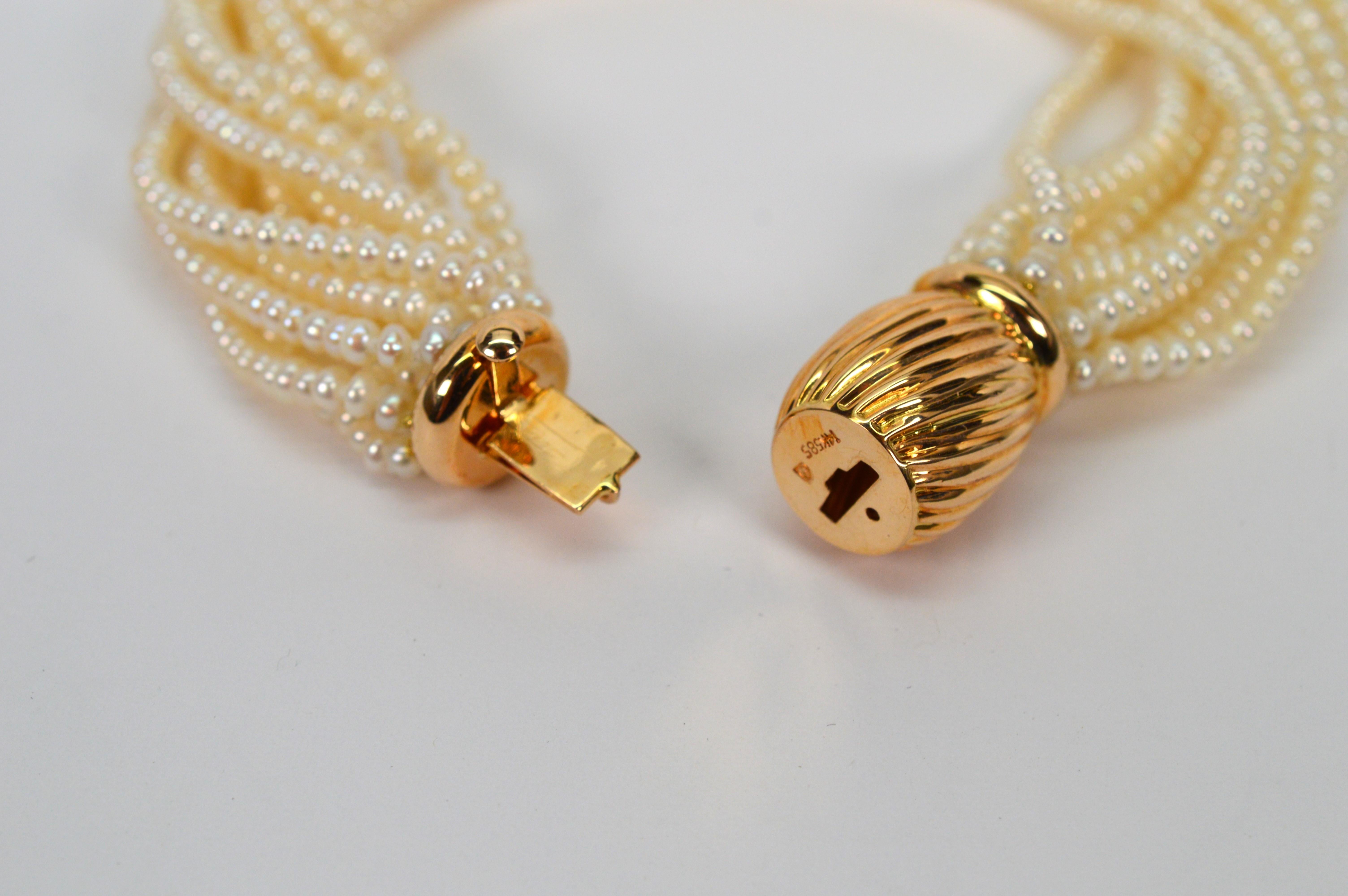 Multi Strand Pearl Twist Bracelet with Decorative 14K Yellow Gold Bow Tie Clasp For Sale 2