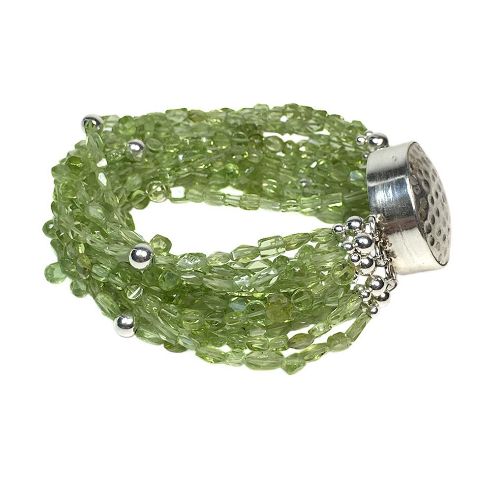 Artisan Multi-strand Peridot Bracelet with Hammered Sterling Clasp For Sale