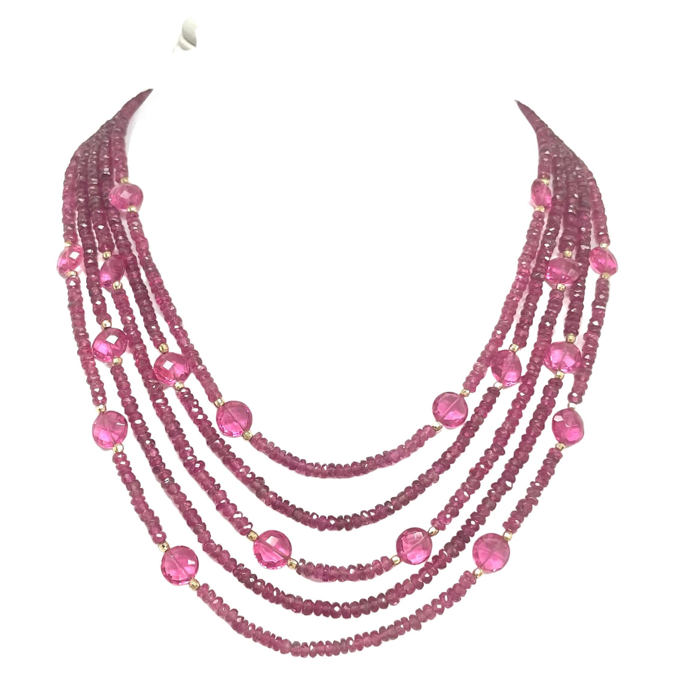 Artisan Multi-Strand Pink Tourmaline Paradizia Necklace with Hot Pink Quartz Accents For Sale