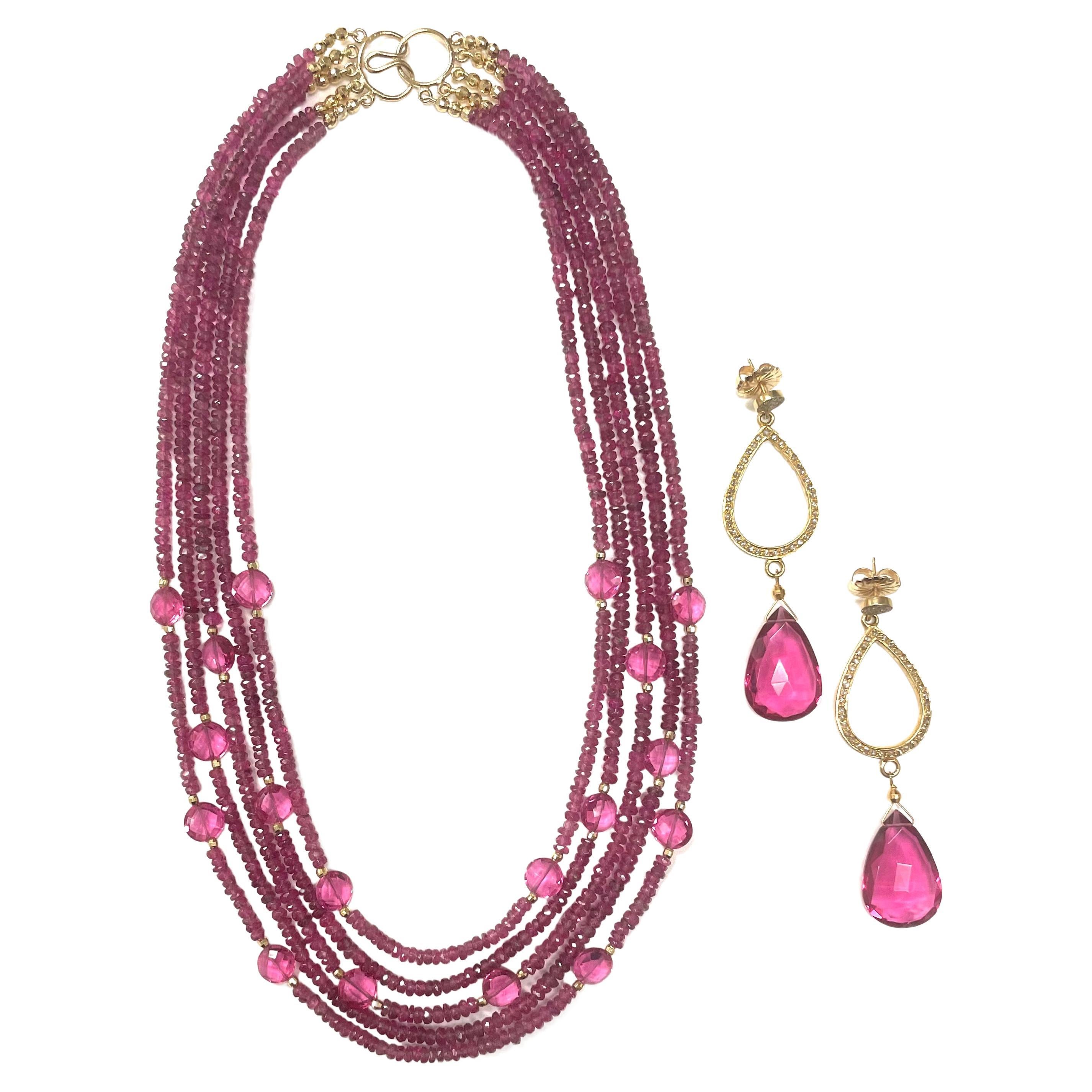 Bead Multi-Strand Pink Tourmaline Paradizia Necklace with Hot Pink Quartz Accents For Sale
