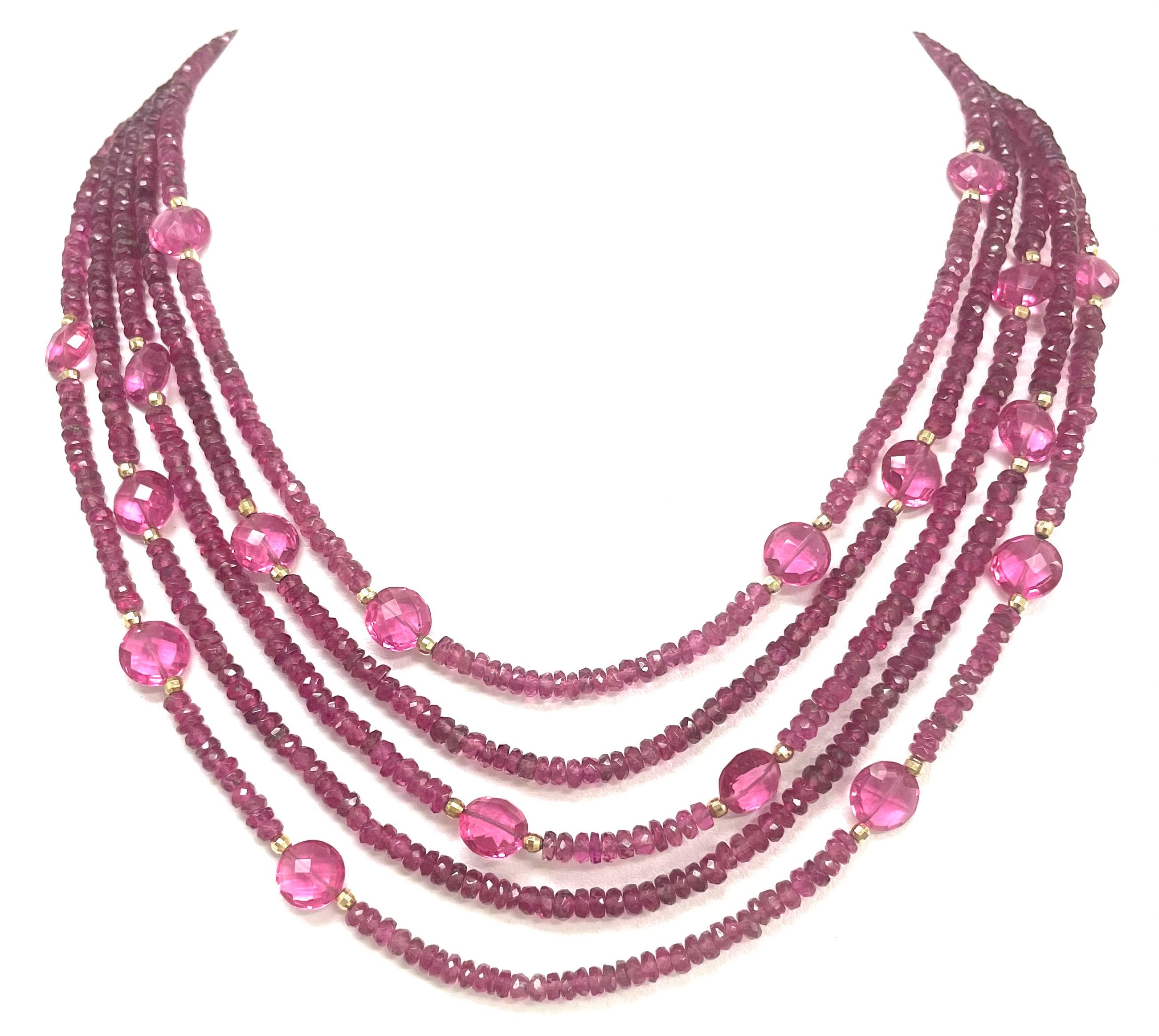 Women's Multi-Strand Pink Tourmaline Paradizia Necklace with Hot Pink Quartz Accents For Sale