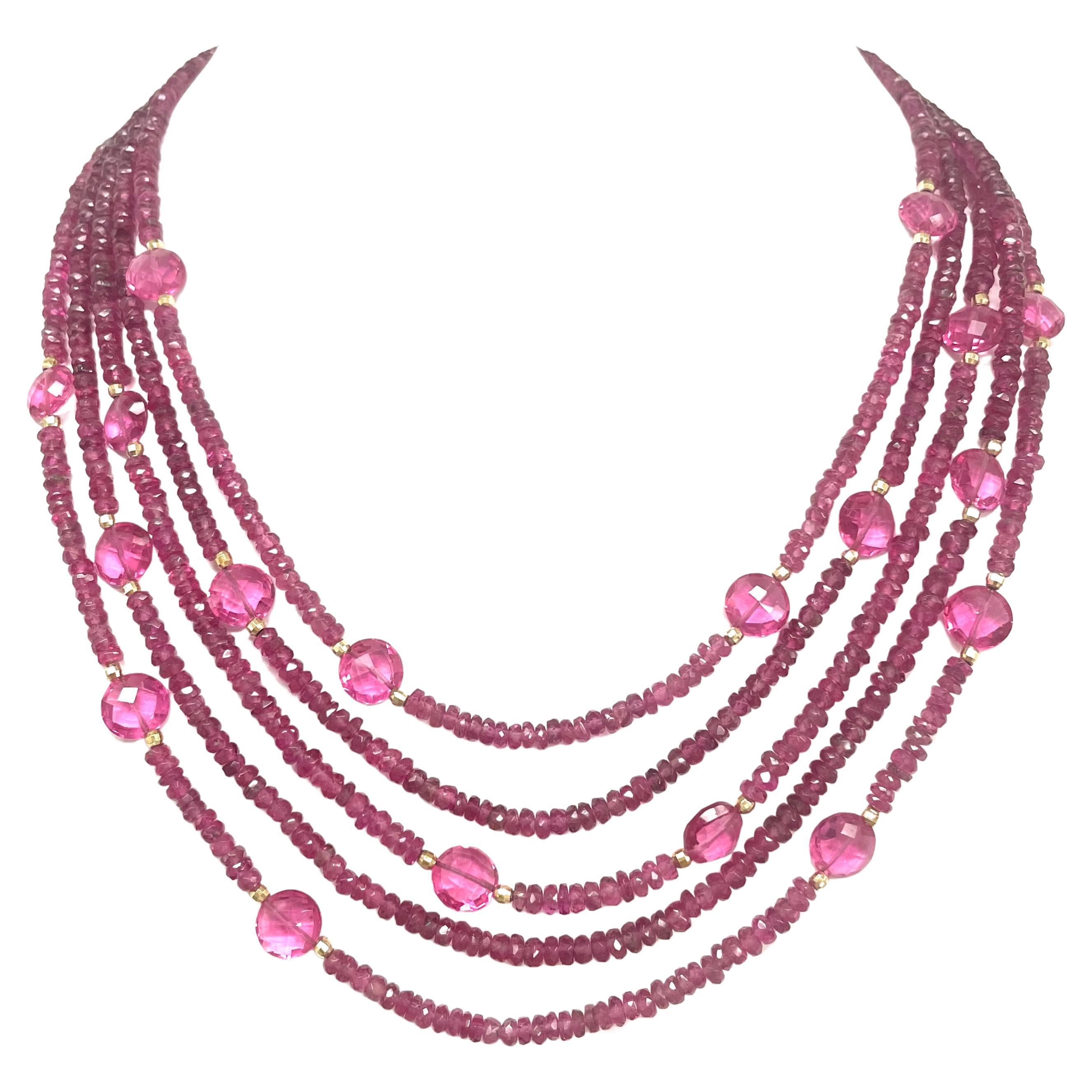 Multi-Strand Pink Tourmaline Paradizia Necklace with Hot Pink Quartz Accents