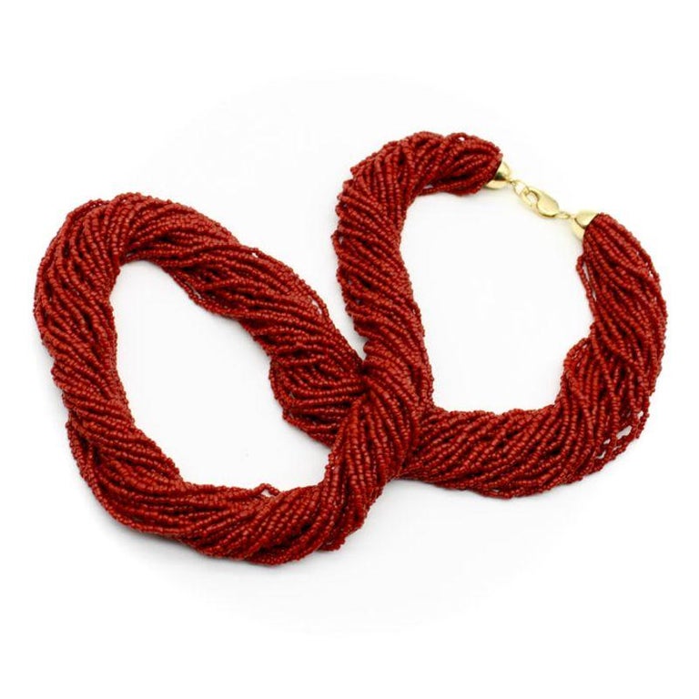 MultiStrand Red Coral Torsade Bead Necklace with 14K Gold Clasp at 1stDibs