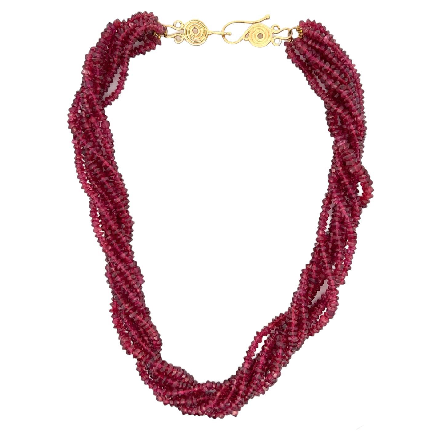 Multi-Strand Ruby Bead 14 Karat Yellow Gold Hook Clasp Necklace For Sale