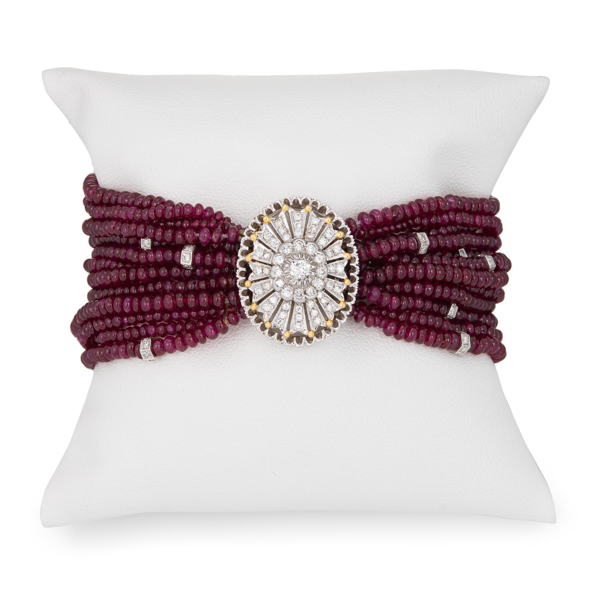 Bead Multi Strand Ruby Bracelet Diamond Clasp Estate 18k White Gold Vintage Jewelry