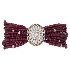 Multi Strand Ruby Bracelet Diamond Clasp Estate 18k White Gold Vintage Jewelry