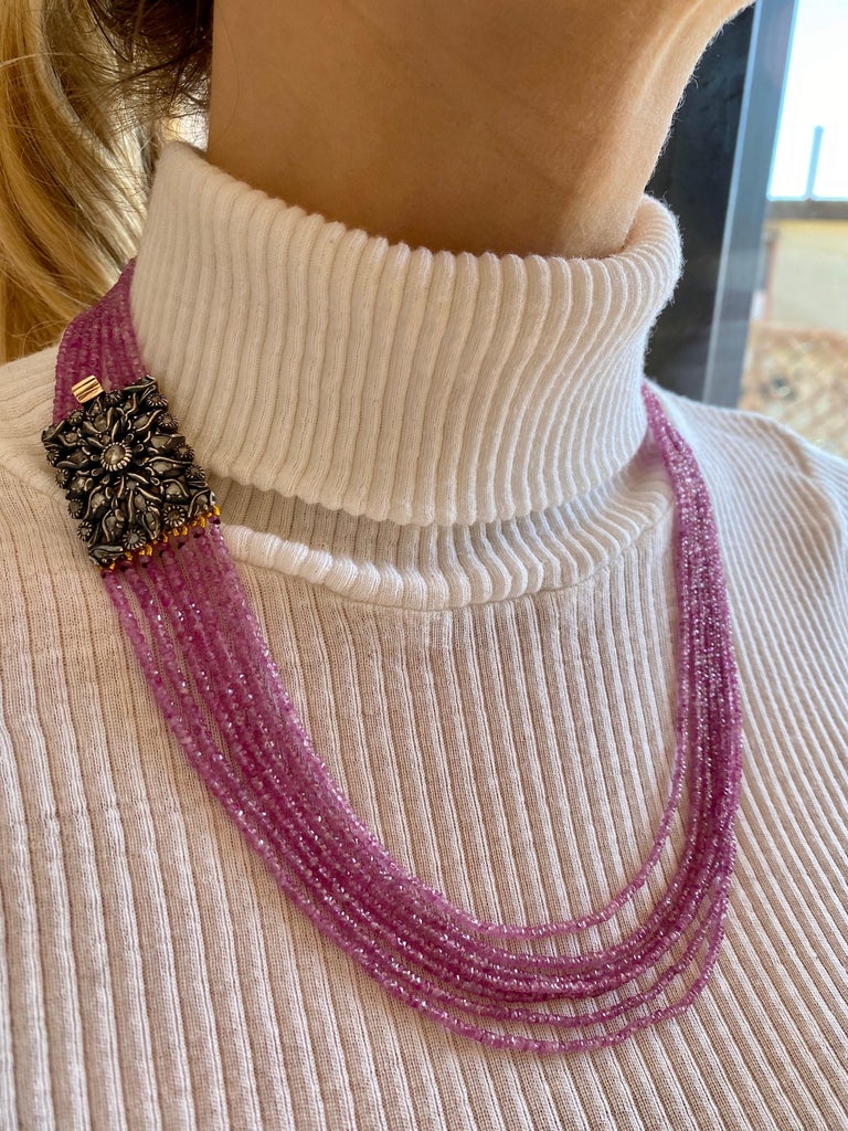 Multi-Strand Ruby Necklace Antique Diamond Gold Clasp For Sale at 1stDibs
