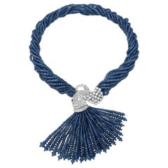 Multi-Strand Sapphire Bead Necklace with 18 Karat Gold and Diamond Front Clasp