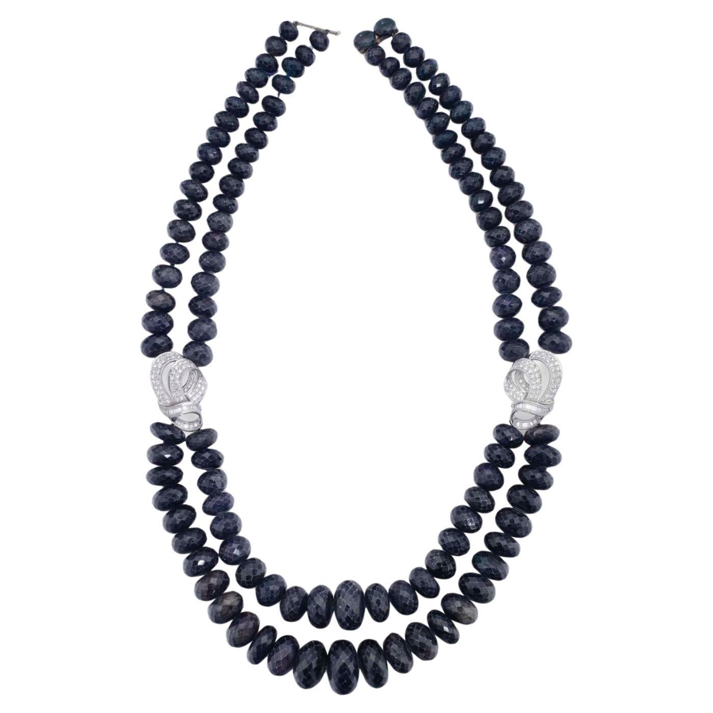Collar de cuentas de platino con zafiros y diamantes de varias vueltas