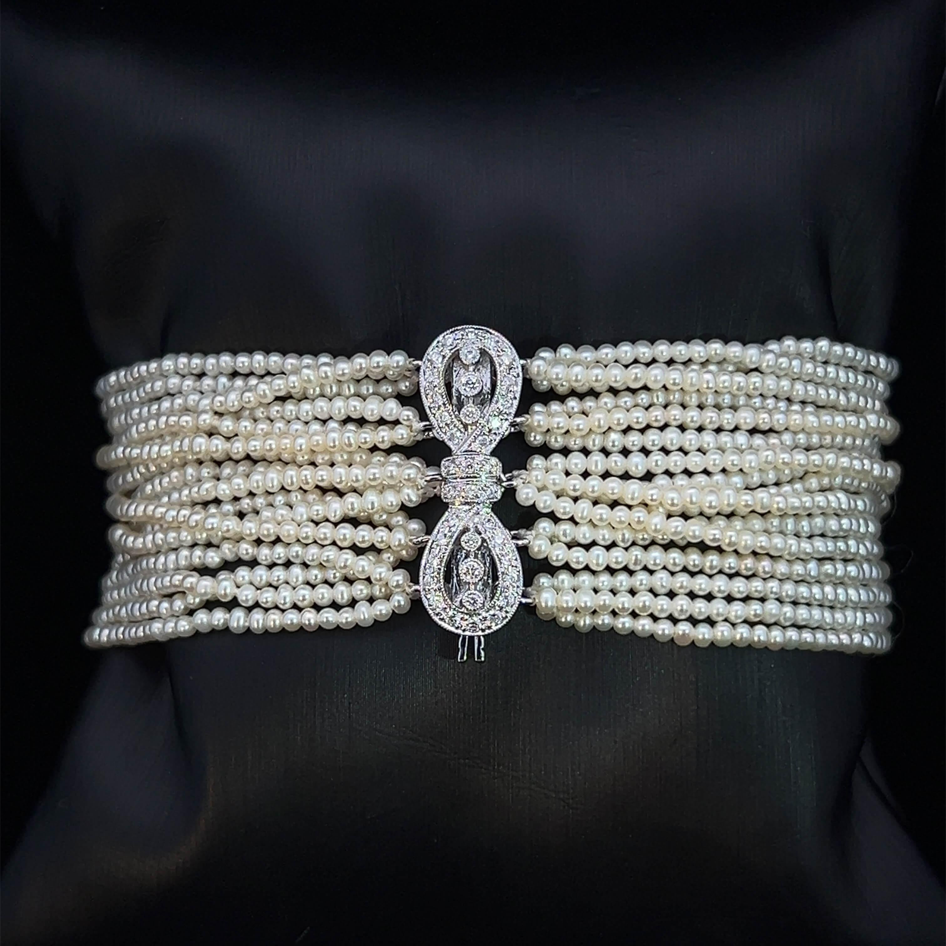 Brilliant Cut Multi-Strand Seed Pearl and Diamond Clasp Bracelet Circa 1990s For Sale