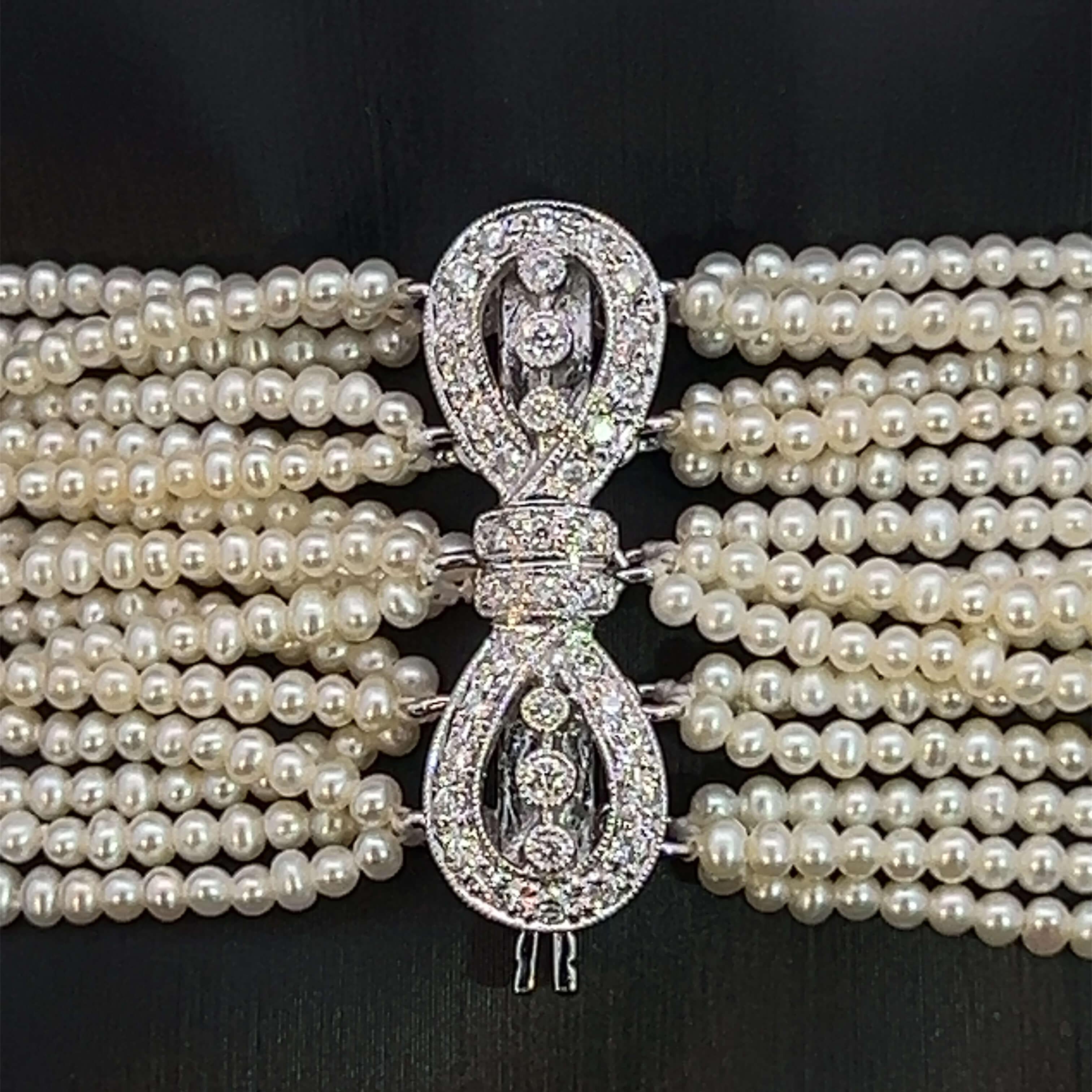 Multi-Strand Seed Pearl and Diamond Clasp Bracelet Circa 1990s In Good Condition For Sale In ADELAIDE, SA