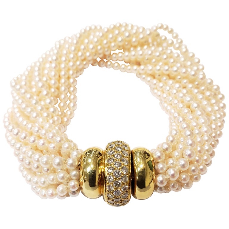 Multi Strand Seed Pearl Bracelet with 18 Karat Gold and Pave Diamond