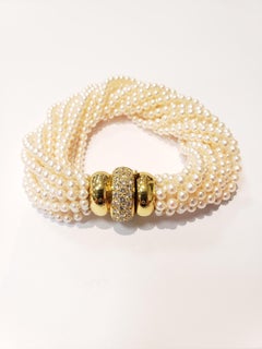 Multi Strand Seed Pearl Bracelet with 18 Karat Gold and Pave Diamond Clasp