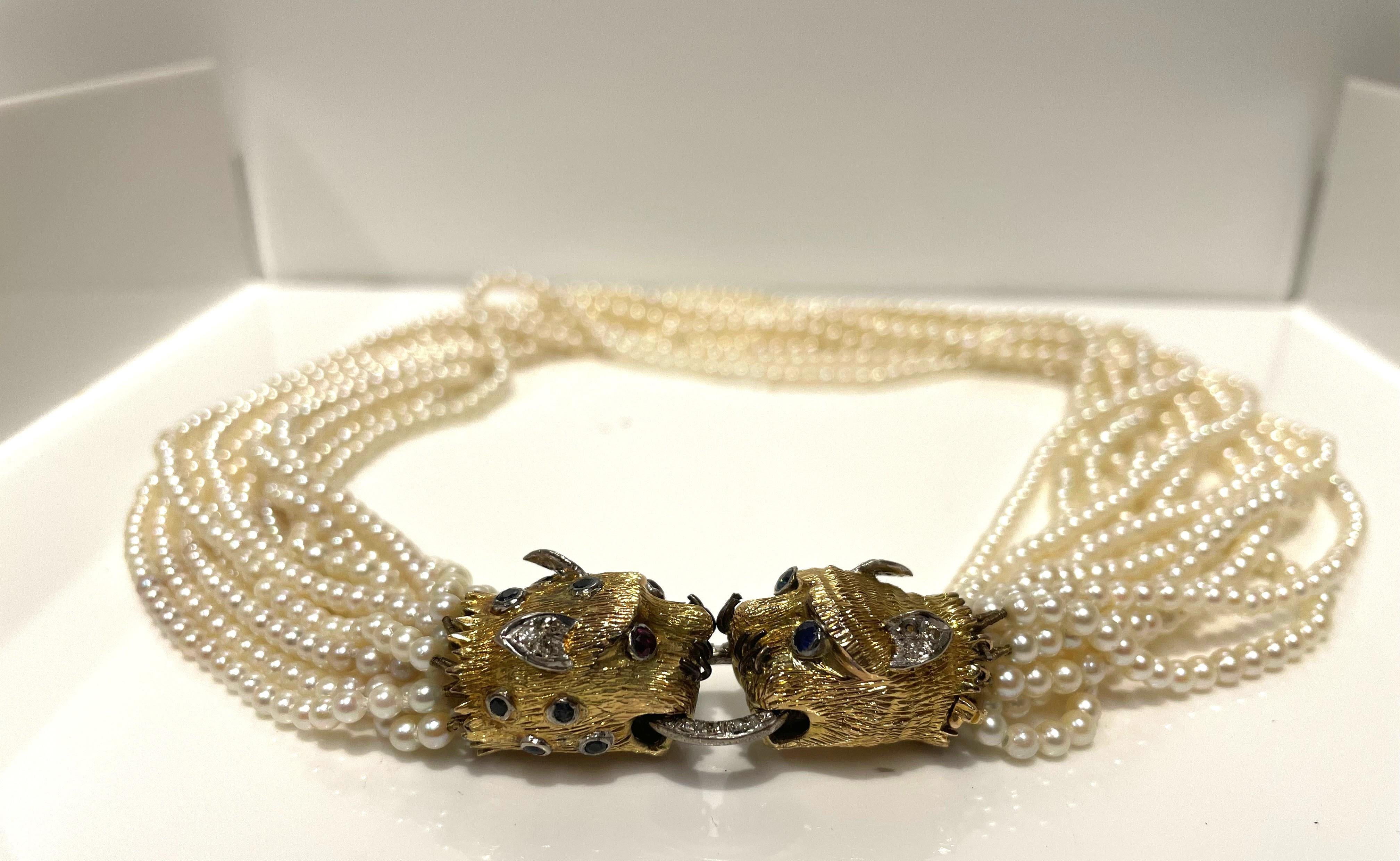 Multi Strand Seed Pearl w/ Panther Diamond Sapphire Ruby Clasp im Zustand „Gut“ im Angebot in Cincinnati, OH
