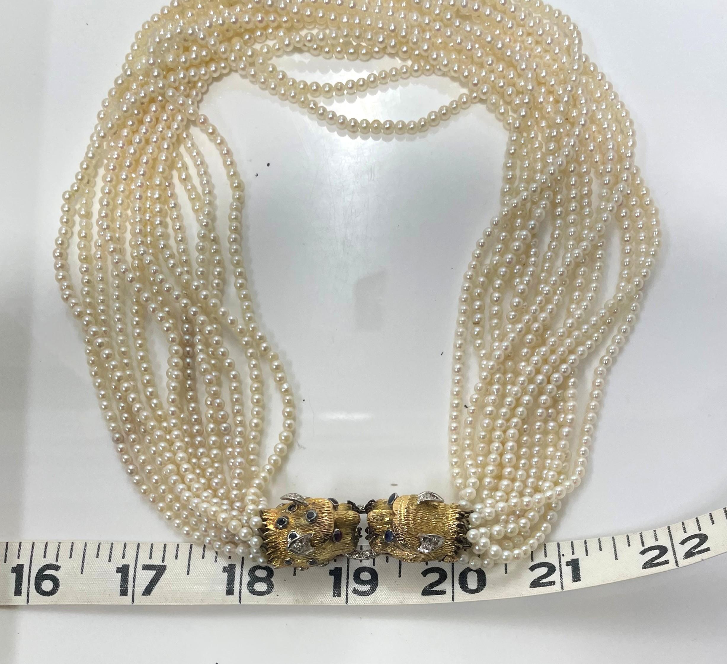 Multi Strand Seed Pearl w/ Panther Diamond Sapphire Ruby Clasp im Angebot 1