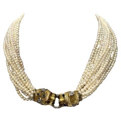 Multi Strand Seed Pearl w/ Panther Diamond Sapphire Ruby Clasp