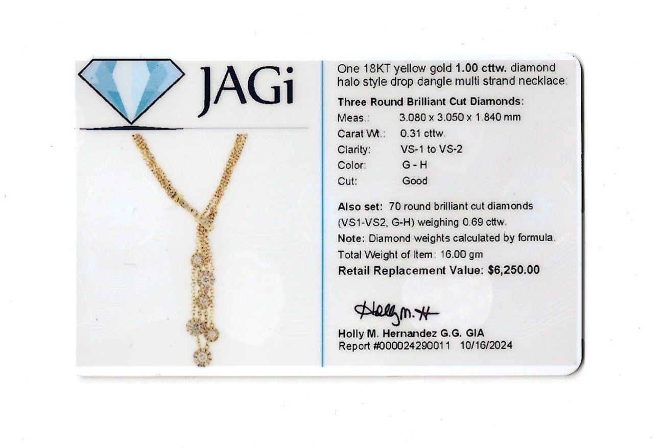 Mehrstrangige gestufte Diamant-Halo-Tropfen-Halskette aus 18 Karat Gelbgold im Angebot 5