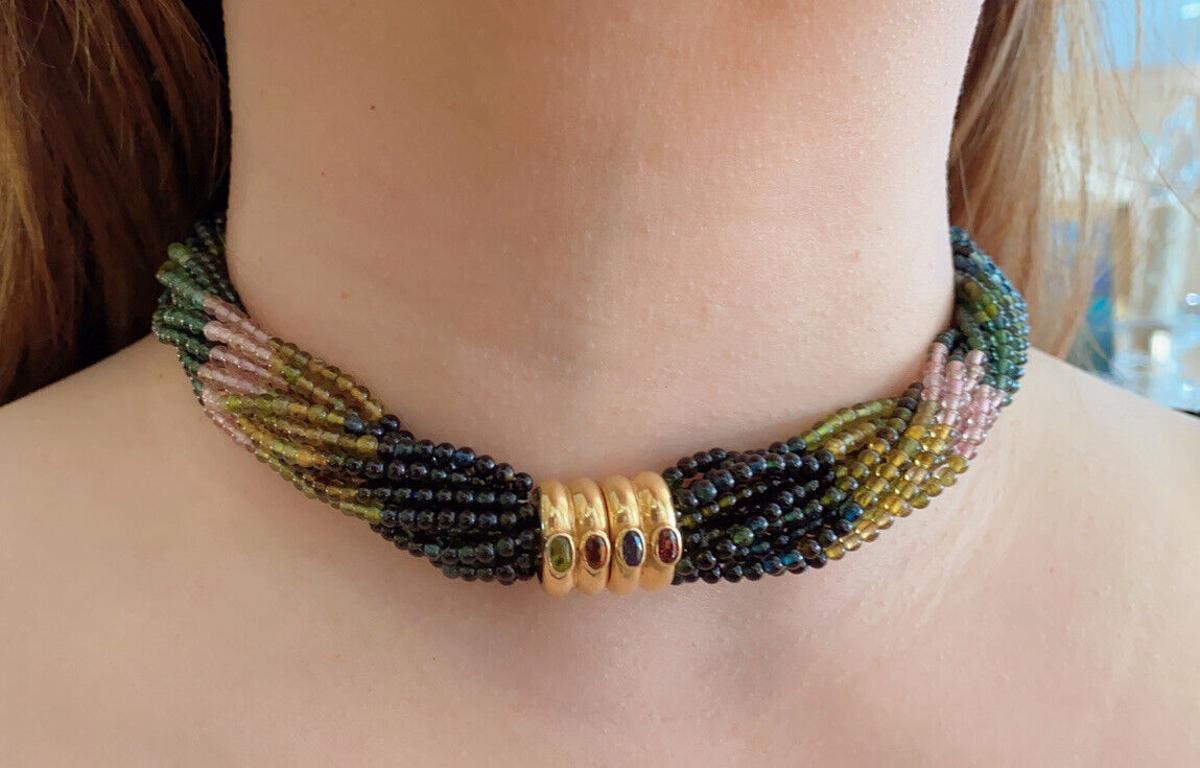 Women's Multi-Strand Tourmaline Bead Necklace Detachable Tassel 18k Yellow Gold For Sale