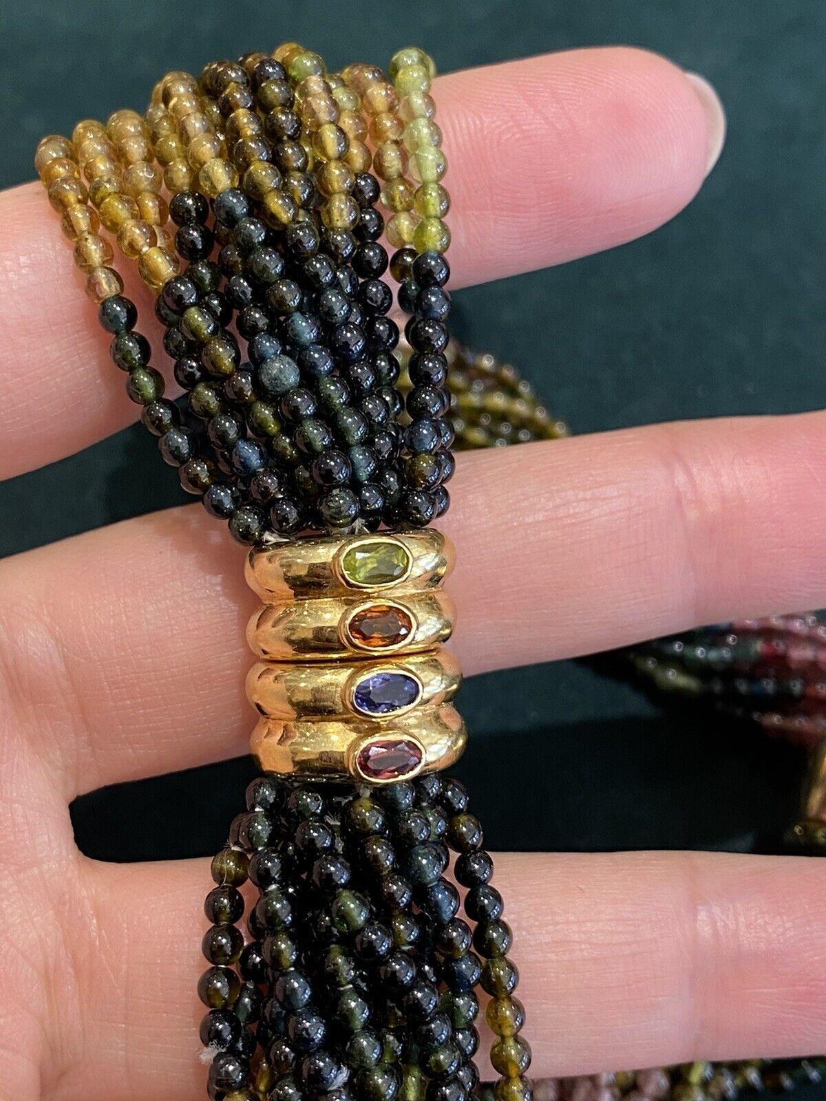 Mehrreihige Turmalin-Perlenkette mit abnehmbarer Quaste aus 18 Karat Gelbgold im Angebot 3