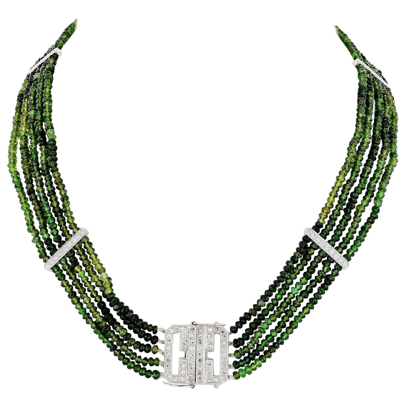 Multi-Strand Tourmaline Beaded and Diamond 2.00 Carat Necklace For Sale