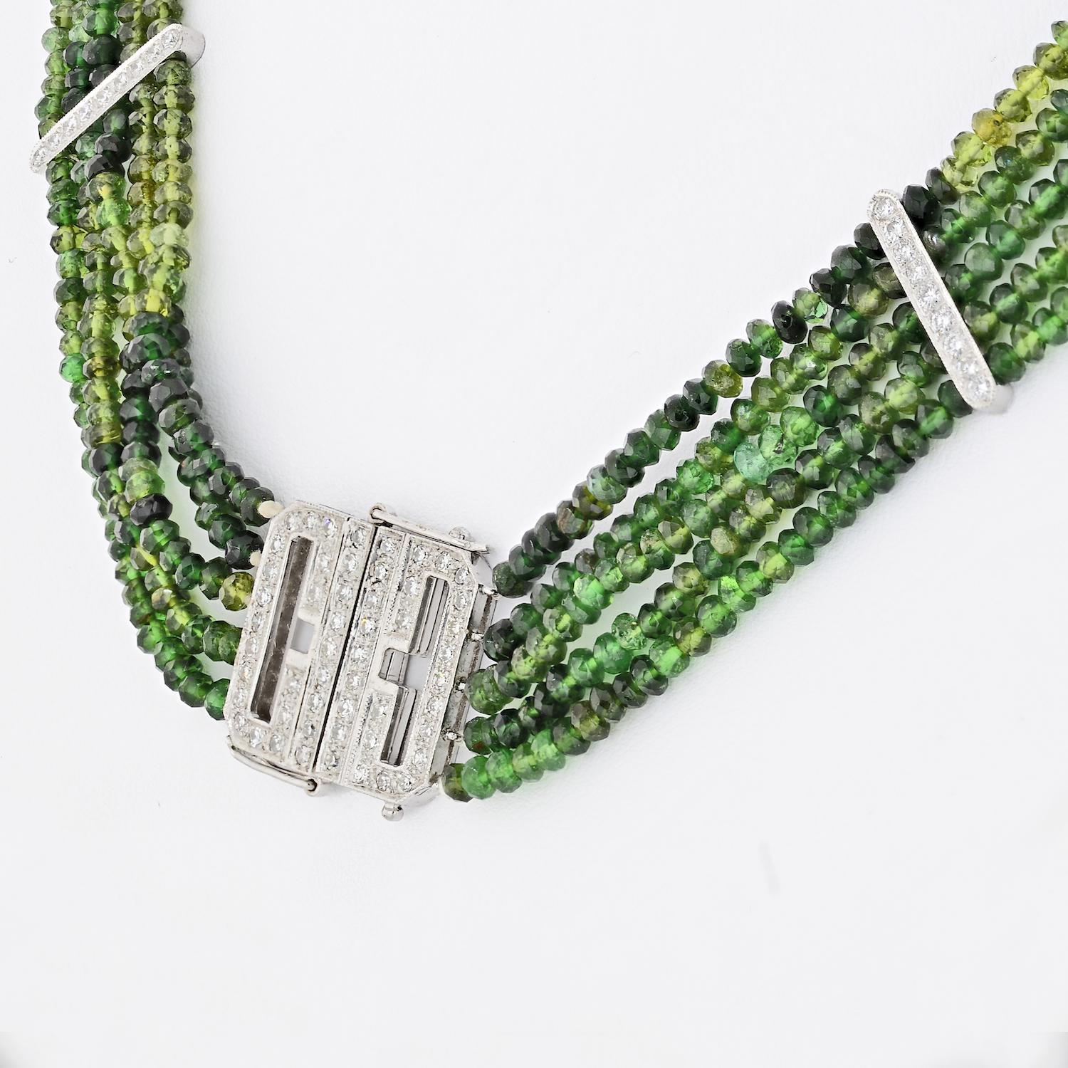 Mehrreihige Turmalin-Perlen- und Diamant-Halskette mit 2,00 Karat (Rundschliff) im Angebot