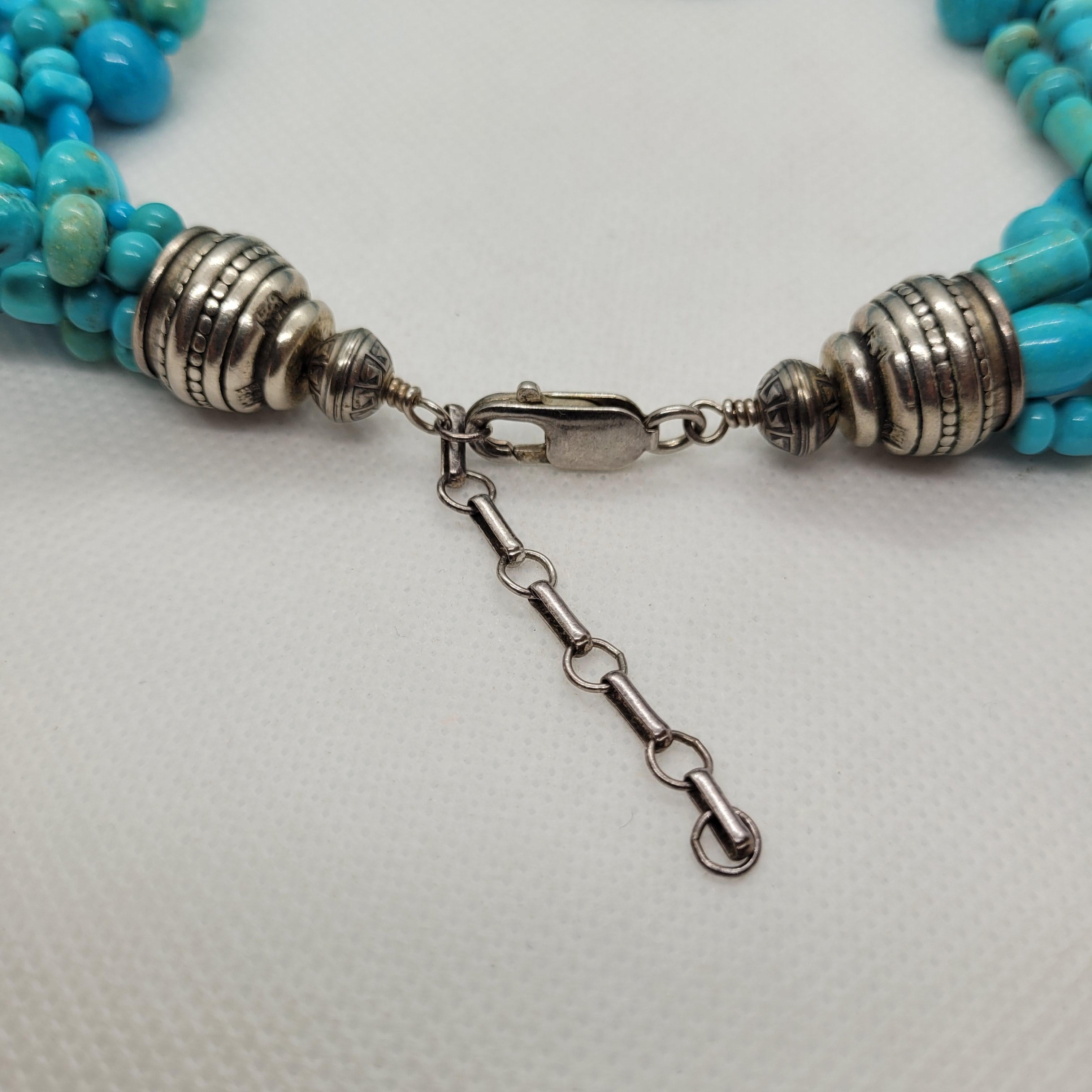 Modern Multi-Strand Turquoise Necklace, Designer Silver Lobster Clasp, 5 Strand