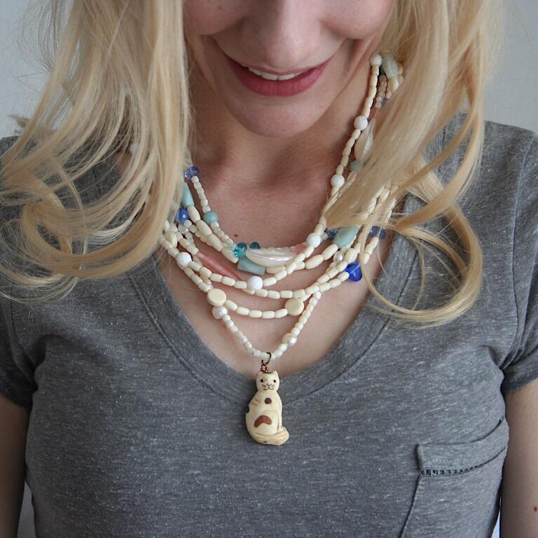 Women's Exolette Multi-Strand Vintage Pastel Stone & MOP Necklace with Bone Cat Pendant For Sale
