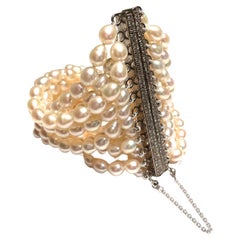 Multi Strand White Lustrous Pearls with Diamonds Clasp Bracelet