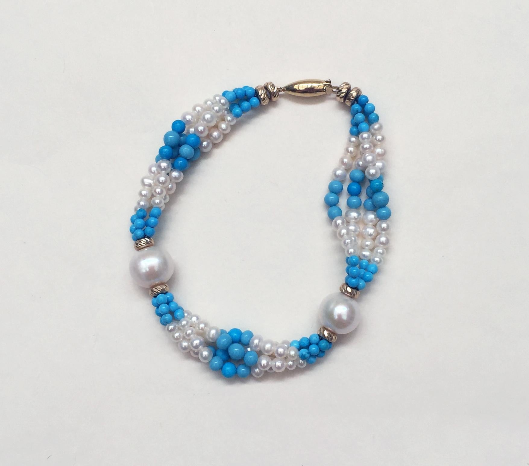 Bead Marina J. Multi Strand Pearl & Turquoise Bracelet with 14K Yellow Gold Clasp