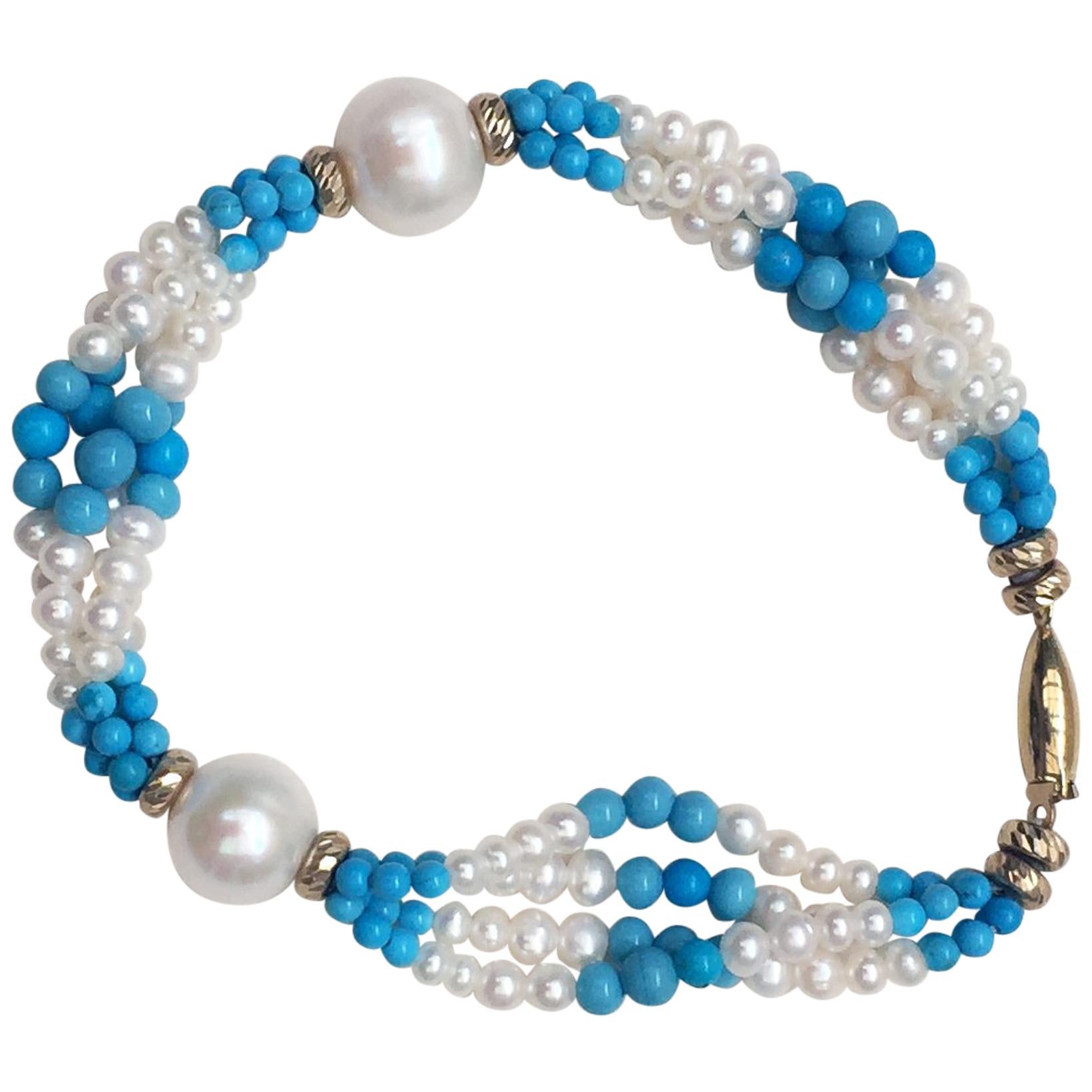 Marina J. Multi Strand Pearl & Turquoise Bracelet with 14K Yellow Gold Clasp