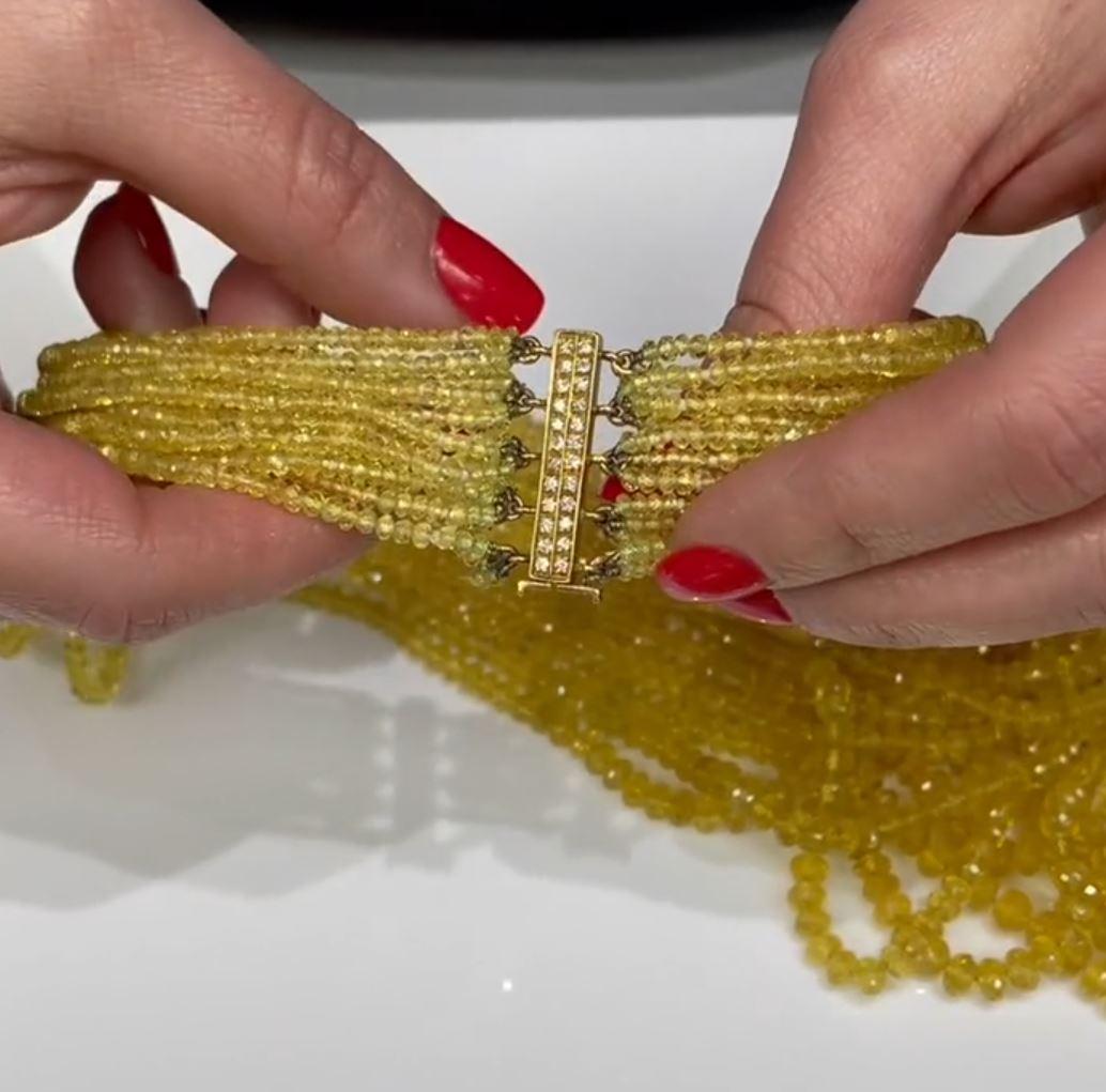Women's Multi Strand Yellow Sapphires 1300 Carats Bead Necklace with 18K Gold Clasp For Sale