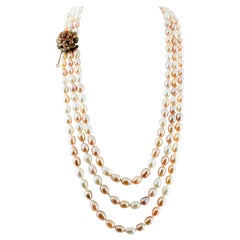 Multi-Strands Beaded Pearl Necklace with 9 Karat Rose Gold and Silver Closure