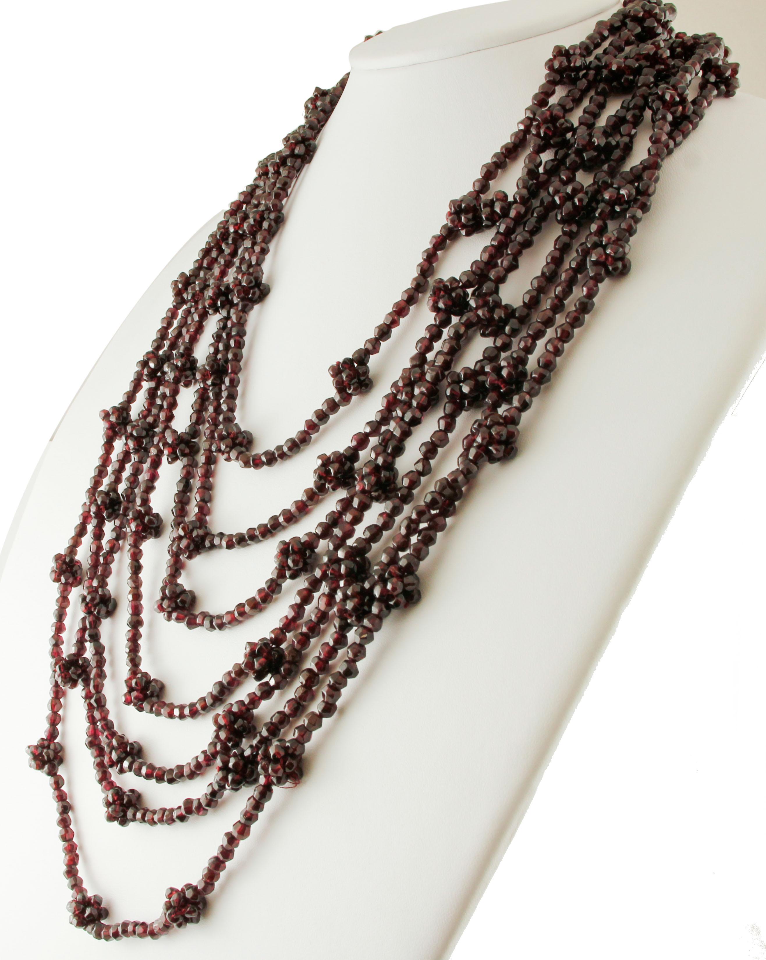 Retro Multi-Strands Garnets Beaded Necklace with Golden Silver Clasp