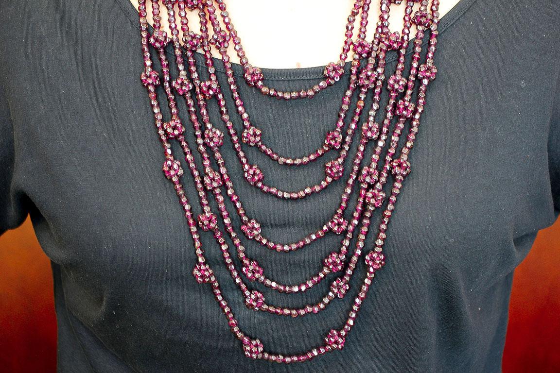 Women's Multi-Strands Garnets Beaded Necklace with Golden Silver Clasp