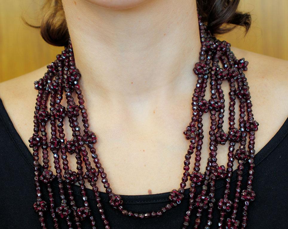 Multi-Strands Garnets Beaded Necklace with Golden Silver Clasp 1