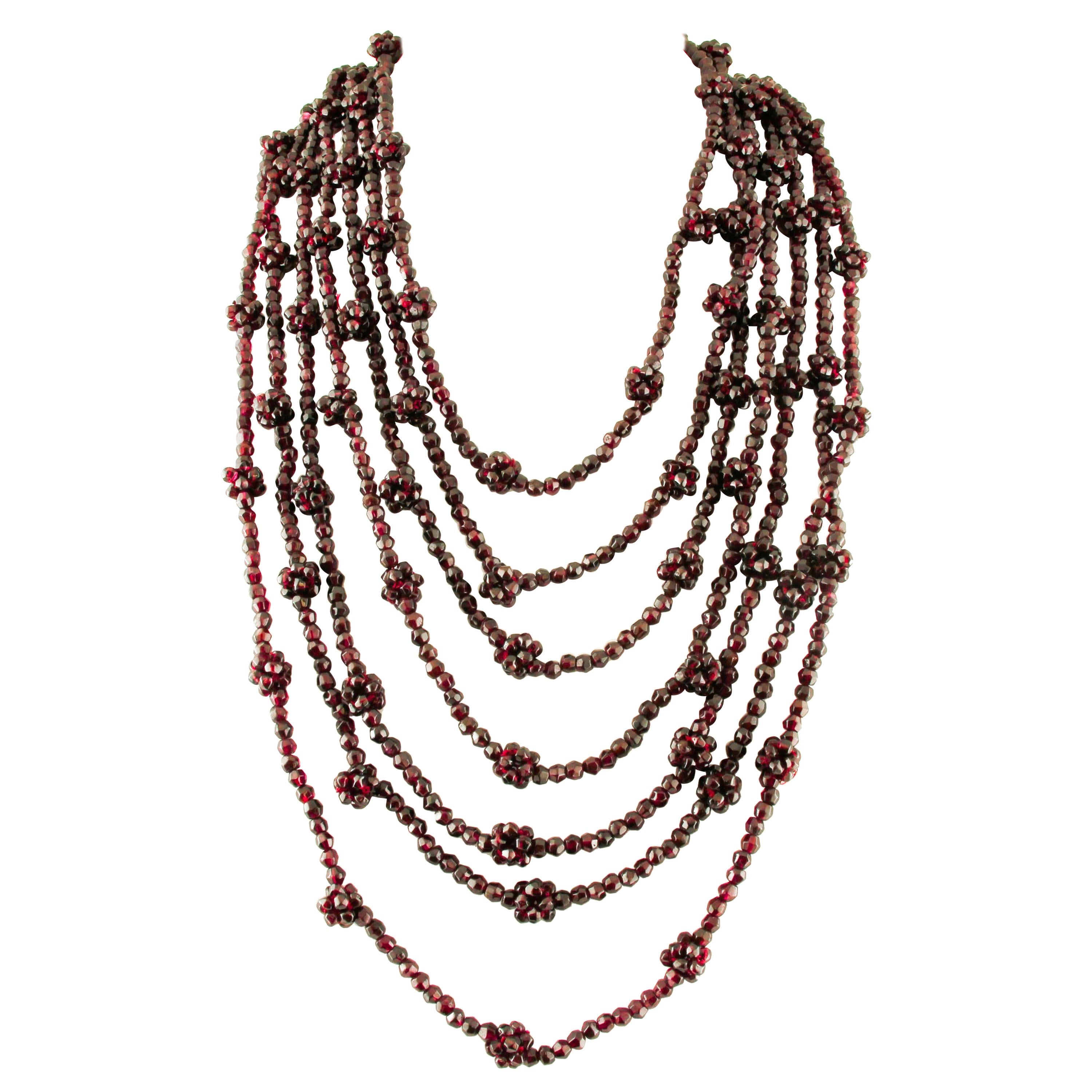Multi-Strands Garnets Beaded Necklace with Golden Silver Clasp