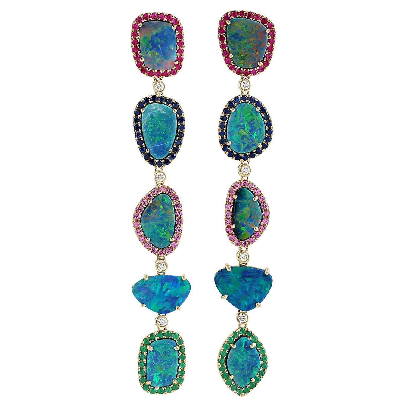 Multi Tier Australian Opal Earrings Accented With Multi Gemstone & Diamonds