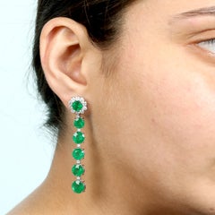 Multi Tier Long Earrings With Round Emerald & Diamonds In 18k White Gold