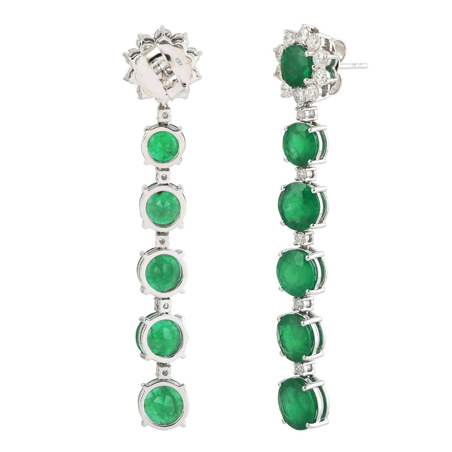 Contemporary Multi Tier Long Earrings With Round Emerald & Diamonds In 18k White Gold   For Sale