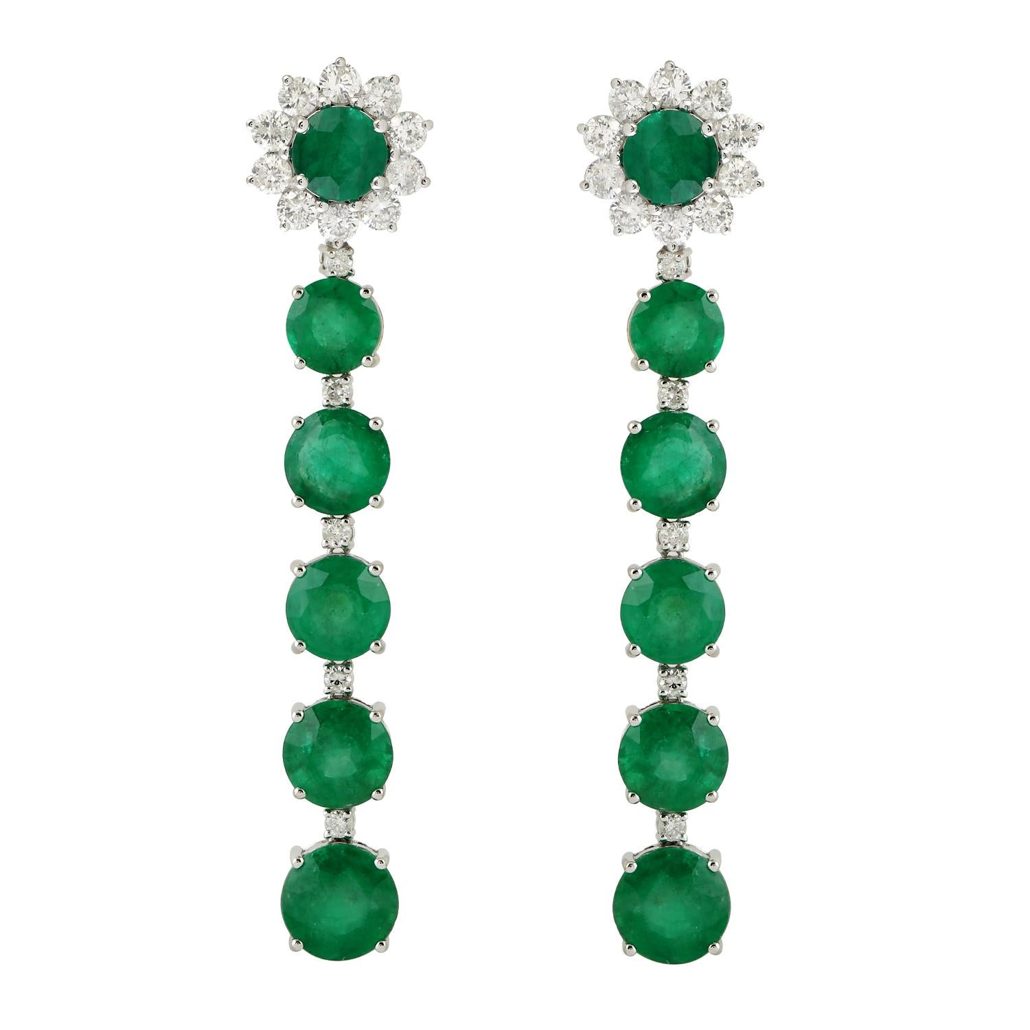 Mixed Cut Multi Tier Long Earrings With Round Emerald & Diamonds In 18k White Gold   For Sale
